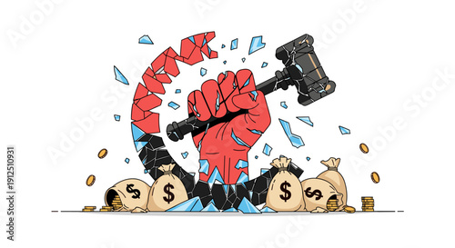 Powerful illustration of a red fist holding a gavel, breaking through a red chain, surrounded by money bags and scattered coins, symbolizing legal action and financial justice.