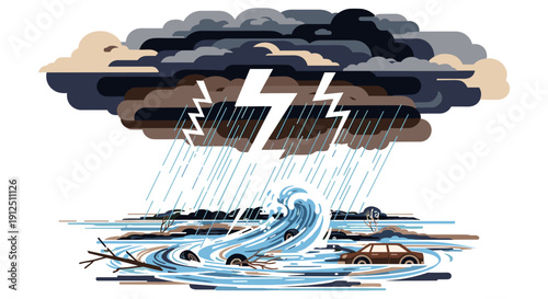 Dramatic illustration depicting a severe natural disaster with a dark storm cloud, heavy rain, lightning, and a destructive tsunami wave engulfing vehicles.