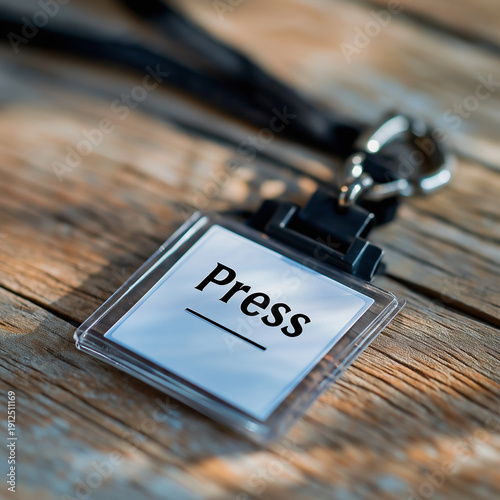 Press badge with clip on wooden table close-up