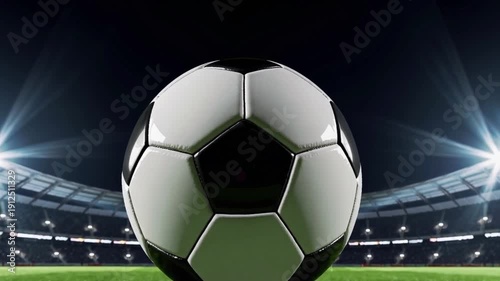 A soccer ball sits on a green field in a large stadium at night with bright lights shining down