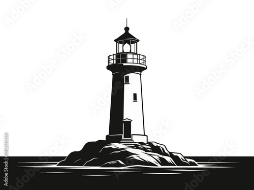 Lighthouse Standing on Rocky Shore Vector Illustration Isolated on White Background