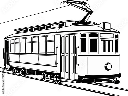 Detailed Illustration of a Tram Vehicle on Railway Tracks.eps