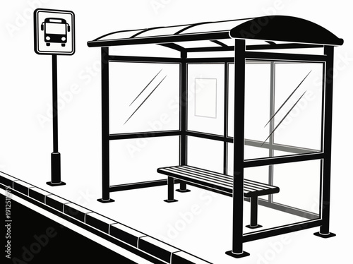 Illustration of Bus Stop Shelter with Sign and Bench at Urban Location