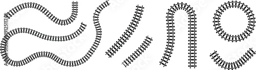 Set of Curved and Circular Railway Track Icons with Black Train Rail Silhouettes Isolated Vector Illustration for Transportation Maps and Logistics