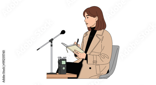 A dedicated female journalist conducts an interview, diligently taking notes while recording audio for a news report or podcast.