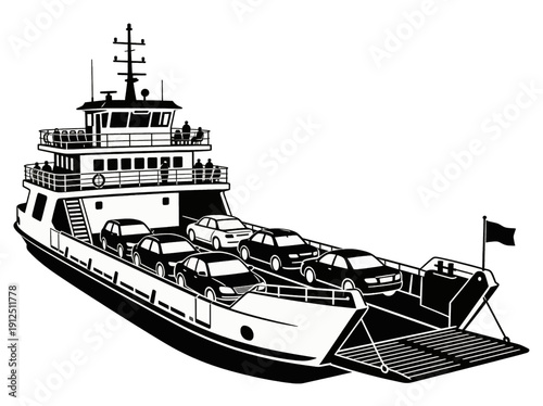 Detailed illustration of a ferry transporting vehicles, seen from a three-quarter view