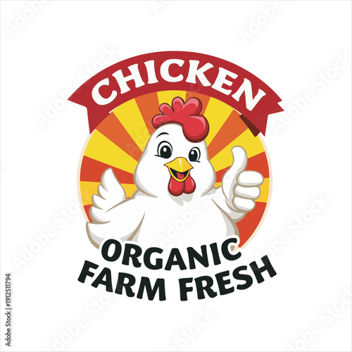 Chicken Farm Logo Mascot Cartoon Design,Organic Chicken Mascot Logo Vector,Happy Chicken Logo for Farm Business,Cartoon Chicken Thumbs Up Logo Design,Chicken Logo for Organic Food Brandingn