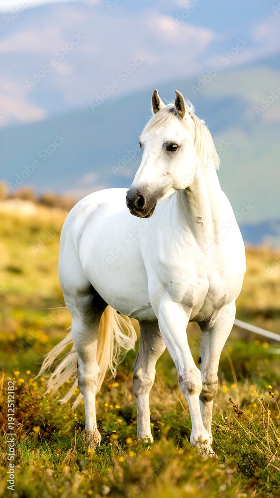 Obraz premium White horse in a grassy field, mountains in background