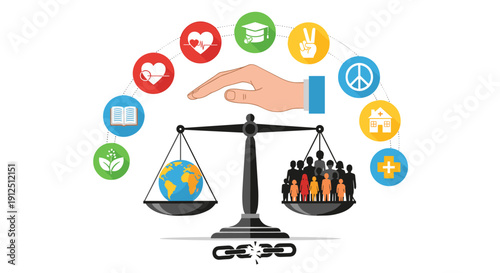Conceptual illustration depicting a hand balancing a scale with Earth and people, surrounded by icons representing global social issues and human rights.