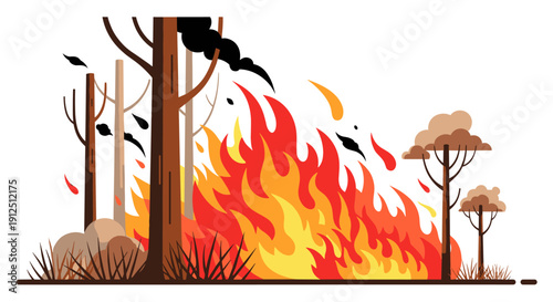 A devastating forest fire rages through a dry woodland, consuming trees and brush in a powerful blaze, symbolizing environmental destruction.