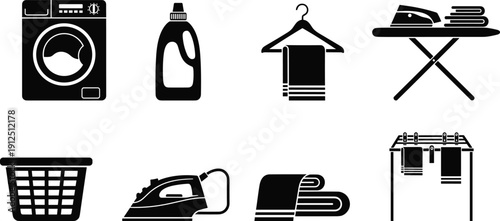 Black Silhouette Icon Set of Laundry and Housework Equipment Featuring Washing Machine, Ironing Board, Detergent Bottle, Clothes Hanger, and Laundry Basket on White Background