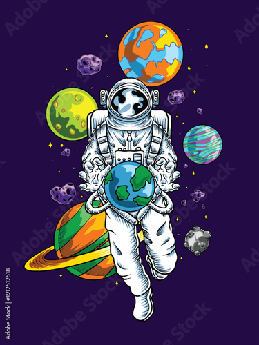 Astronaut fly in space with planets