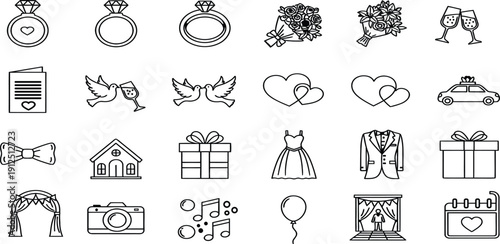 Collection of wedding and love themed line icons and symbols