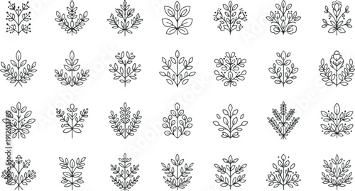 Vector Set of Minimalist Floral Symbols, Abstract Botanical Line Art Icons and Creative Decorative Leaf Branch Elements for Wedding and Branding Design