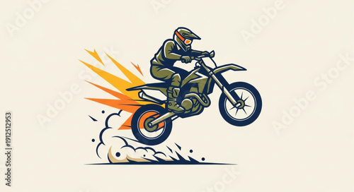 Motocross rider jumping a dirt bike with speed lines and dust.