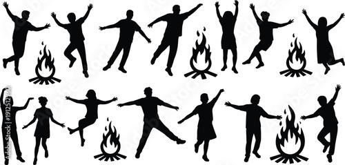 Set of happy people silhouettes dancing around a bonfire celebrating summer camp activities jumping and having fun at night party