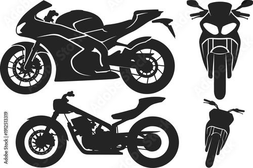 Set of motorcycle silhouettes including sportbike and custom chopper from side and front view isolated on white for automotive design