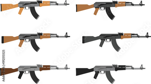 Set of Kalashnikov AK-47 Assault Rifles Vector Illustration in Various Colors and Styles Isolated on White Background for Game Design