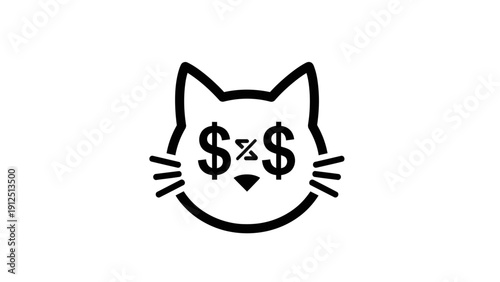 A stylized black cat face with dollar signs for eyes and a subtle smile on a clean white background, conveying a playful mood with simple line art.