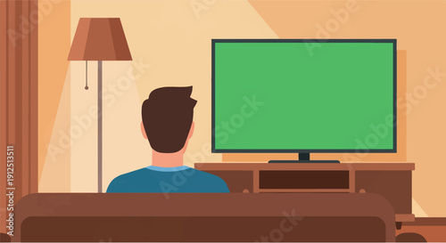 Rear view of a person comfortably watching a television with a bright green screen, ideal for customizable content or overlay, providing a relaxed home entertainment experience in a cozy living room