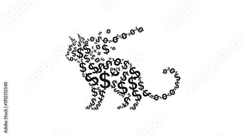 Black and white illustration of a cat made up of dollar signs and currency symbols on a plain white background.