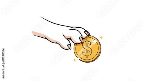A hand holds a gold dollar coin with a minimalist line art style on a clean white background.