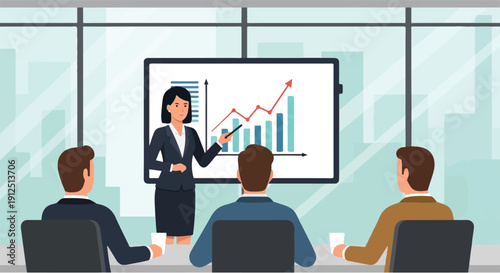 Female business professional leads a presentation on market growth and financial strategy, engaging an audience of male colleagues in a modern office meeting