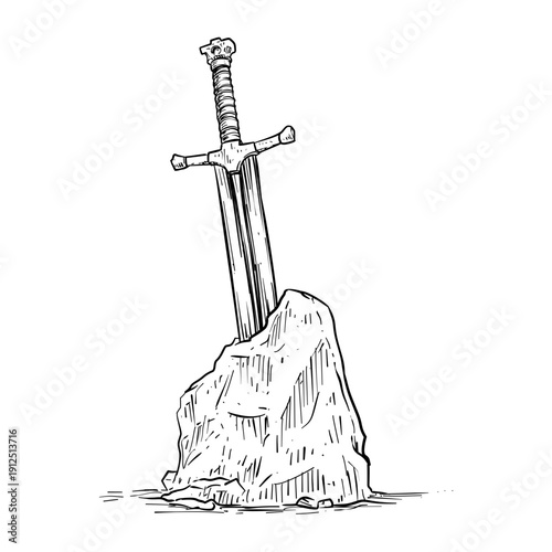 excalibur sword in the stone vector line art hand drawn illustration