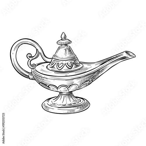 aladdin magic genie lamp vector line art hand drawn illustration