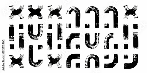 Abstract arrangement of distressed black and white typographic characters