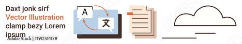 Language services, cloud storage, online tools, data management, digital communication, and file sharing. Translation icons with cloud and document symbols displayed. Language and cloud storage