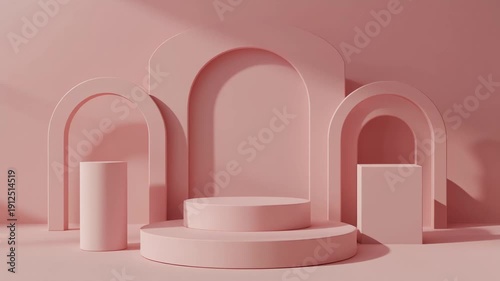 3D rendering animation of a geometric pastel pink scene featuring a modern podium with clean