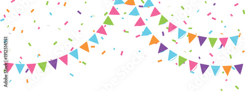 Colorful party confetti and bunting flags decoration cartoon vector illustration set isolated background