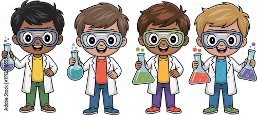 Cute boys scientists cartoon characters holding laboratory flasks kids science experiment vector illustration set