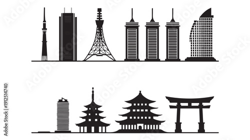 Global City Skylines and Traditional Asian Landmark Silhouettes Vector Collection
