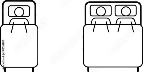 Set of Single and Double Bed Icons with People Minimalist Line Art Vector Illustration for Hotel Room Categories and Accommodation Signage