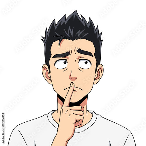 Man with finger on lips looking up in thought.