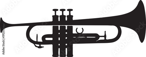 Print Sleek black silhouette of a trumpet, a classic brass musical instrument, perfect for music-themed designs and advertising, isolated on white.