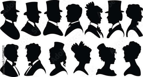Set of Vintage Victorian Era Profile Silhouettes Featuring Men in Top Hats and Women in Elegant Period Hairstyles and Attire