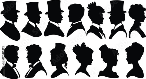 Set of Vintage Victorian Era Profile Silhouettes Featuring Men in Top Hats and Women in Elegant Period Hairstyles and Attire