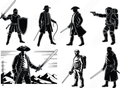 Set of warrior silhouettes including a knight, cowboy, pirate, astronaut, and modern soldier for historical and science fiction design projects
