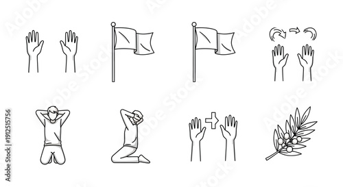 Set of Hand Gestures, Flags, and Olive Branch Icons for Communication and Peace Concepts