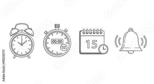 Set of Icons: Alarm Clock, Stopwatch, Calendar, and Bell - Time Management and Reminders