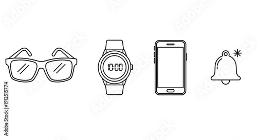 Set of Icons: Glasses, Smartwatch, Smartphone, Notification Bell - Technology and Gadgets