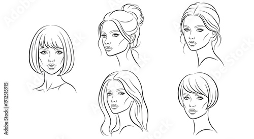 Set of six diverse female face line art illustrations with different hairstyles