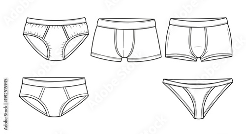 Set of Underwear Fashion Design Sketches: Briefs, Boxer Briefs, and Bikini