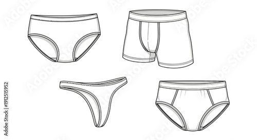 Set of Underwear Fashion Flat Sketches: Briefs, Boxer Briefs, Thong, Bikini