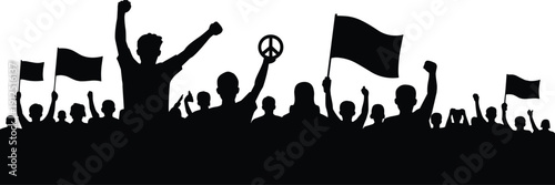 Silhouette of a cheering crowd holding flags and peace signs representing political protest social activism revolution rally or stadium sports fans