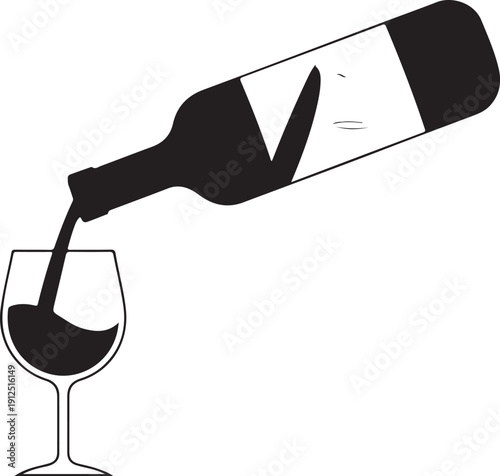 Stylized black and white illustration depicting red wine being poured from a bottle into a stemmed glass