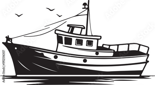 Print Black and white illustration of a fishing boat on wavy water with seagulls flying, representing maritime activity and adventure.